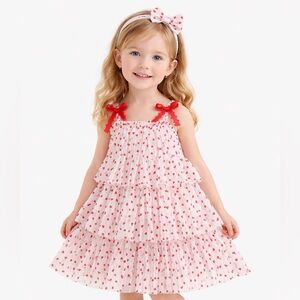 Girls White Tiered Dress with Red Heart Print and Red Tie Straps